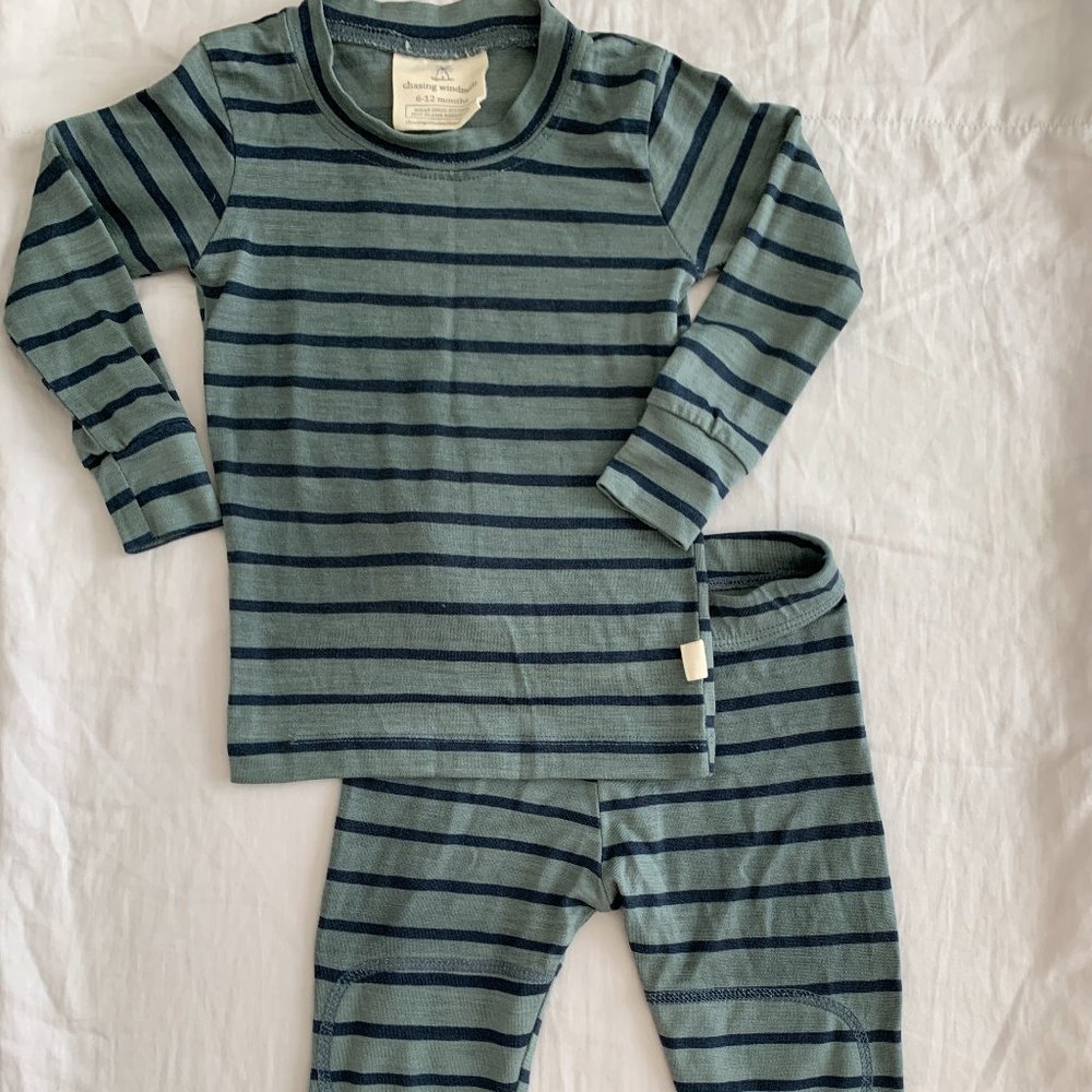 Chasing Windmills | Merino Wool Long Johns in Agave with Navy Stripe